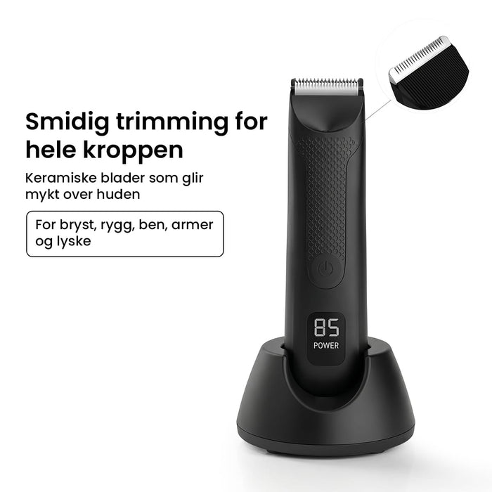 En liten kroppshårtrimmer med keramiske kniver, digitalt display og ladestasjon. Bildet nedenfor viser detaljene.