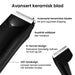 Nærbilde av en kroppshårtrimmer med keramiske kniver, R-formet design og LED-lys.