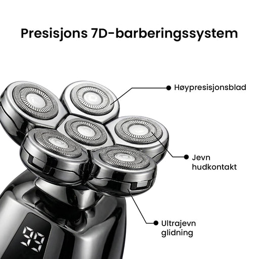 Kroppsbutikken 7D barbermaskin for hodet med syv roterende kniver og digitalt batteridisplay for hode og ansikt.