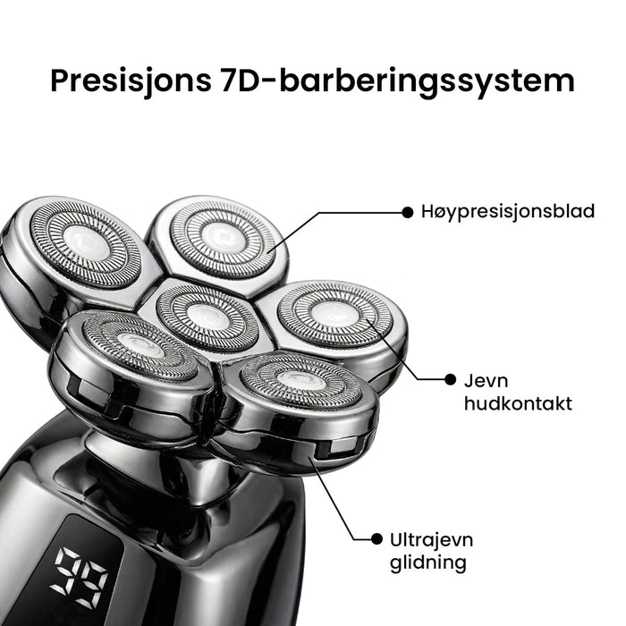 Kroppsbutikken 7D barbermaskin for hodet med syv roterende kniver og digitalt batteridisplay for hode og ansikt.
