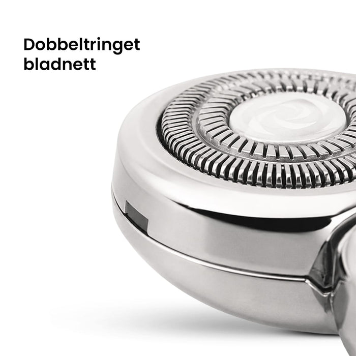 Nærbilde av et sirkulært barberhode (7D-ekstra hode) med dobbeltbladet nett.