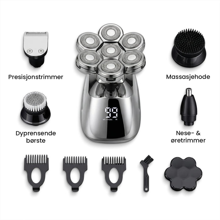Kroppsbutikken 7D barbermaskin med syv roterende hoder, fire tilbehørsdeler, tre trimmerhoder og en rensebørste.