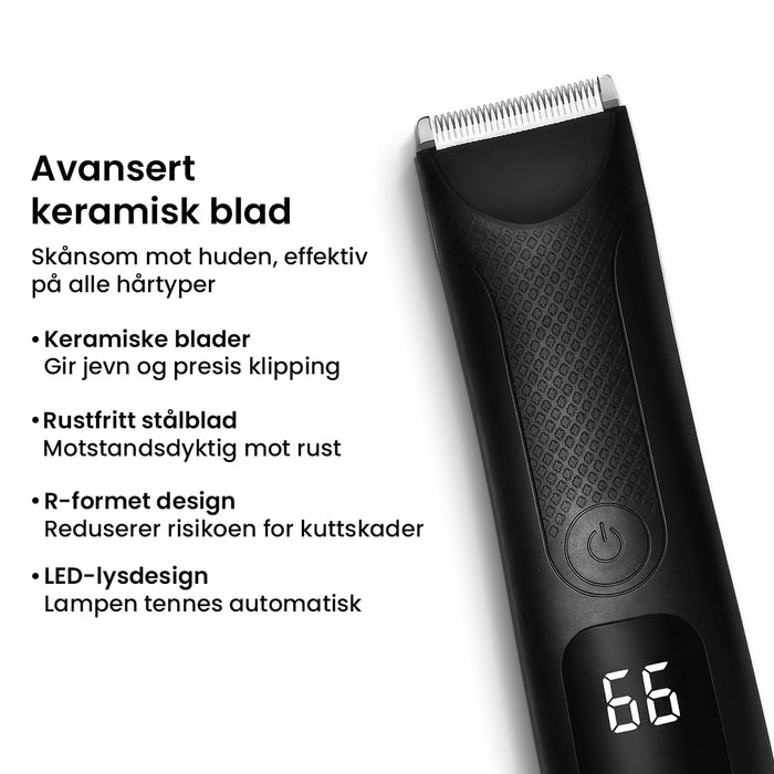 Vanntett kroppshårtrimmer i svart med keramiske kniver, av/på-knapp og digitalt batteridisplay.