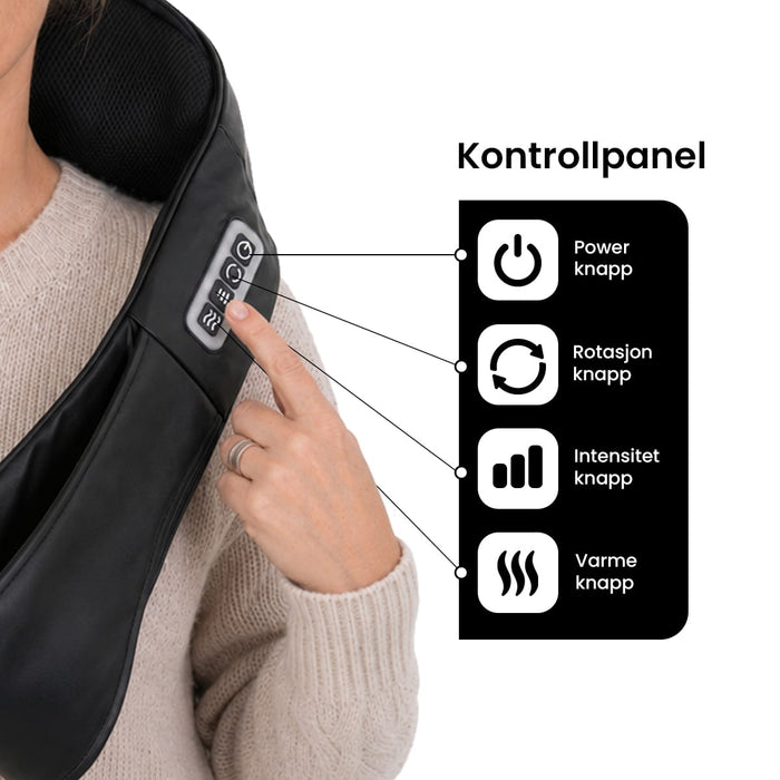 En hånd trykker på knappene for strøm, varme og intensitet på et Shiatsu-massasjeapparat for nakke og rygg.