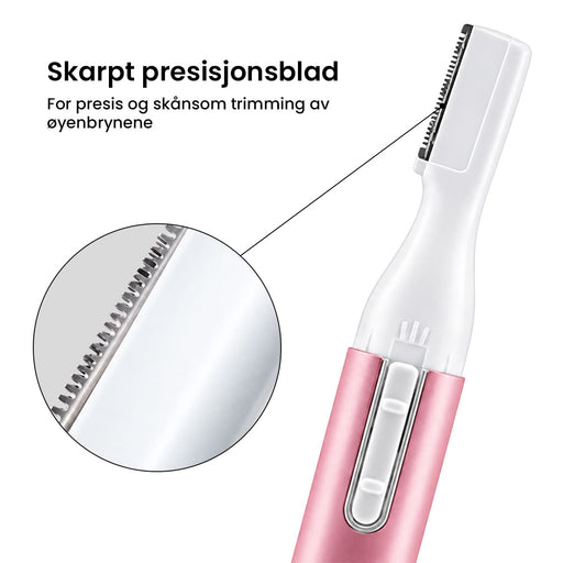 Elektrisk presisjonstrimmer med rosa håndtak og forstørret utskjæring av bladet.