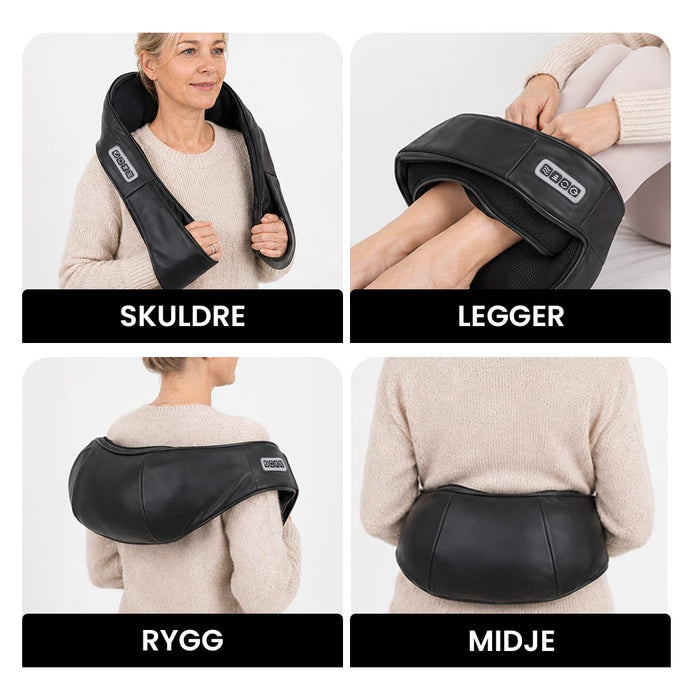 Fire bilder av et svart Shiatsu-massasjeapparat med varmefunksjon i bruk på skuldre, ben og rygg.