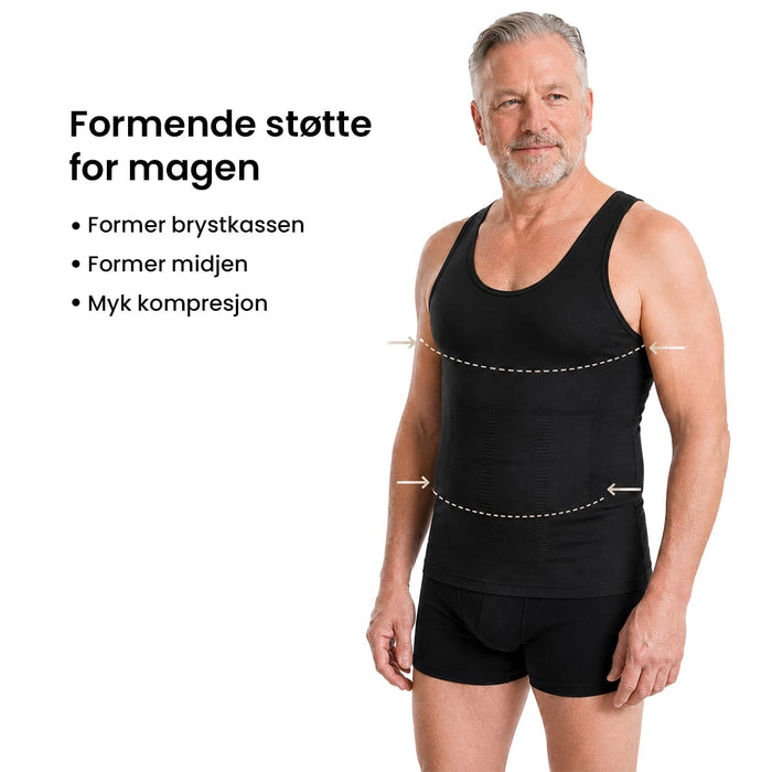 Mann iført svart formende undertrøye med grafiske piler som viser at den gir støtte til brystet.