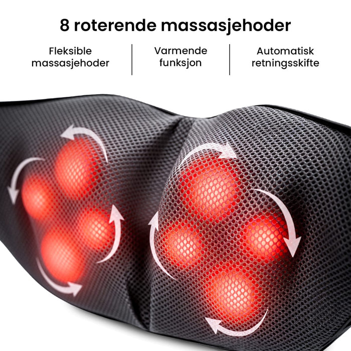 Shiatsu-massasjeapparat for nakke og rygg med åtte roterende hoder, varmefunksjon og justerbare innstillinger.