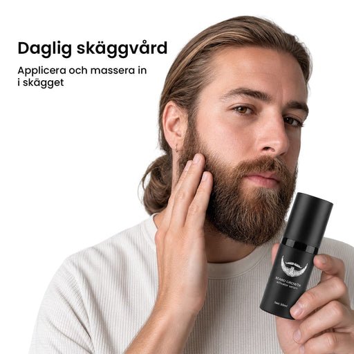 En mann påfører «Kroppsbutikken»-skjeggvekstserum (30 ml) fra en svart flaske med svensk tekst.