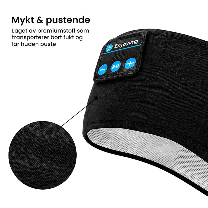 Et pannebånd fra Kroppsbutikken med innebygde Bluetooth-hodetelefoner og kontrollknapper, vist med forstørret fôr.