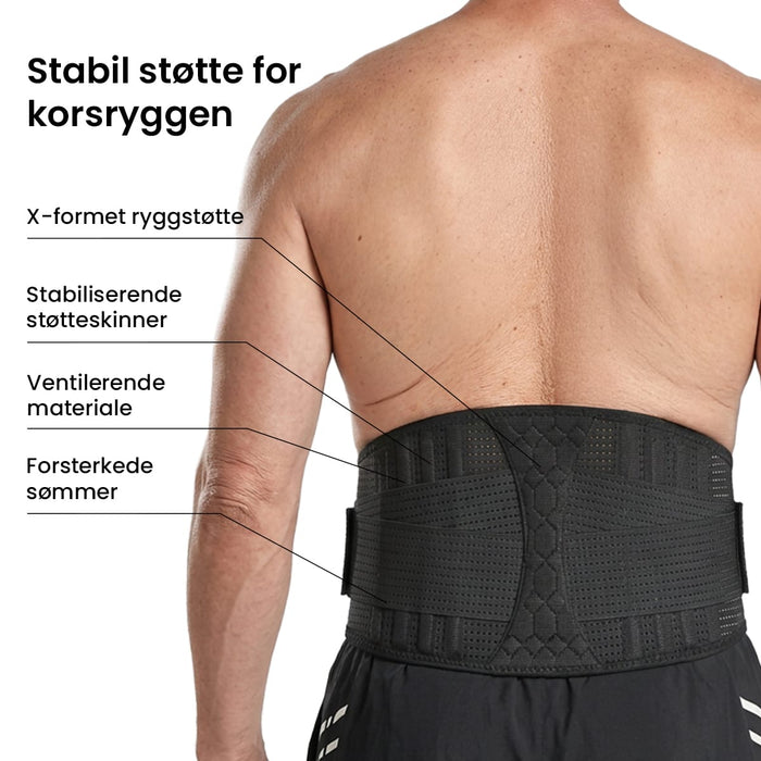 Sett settet bakfra av en person med et svart, stabiliserende korsryggbelte som viser støttefunksjonene.
