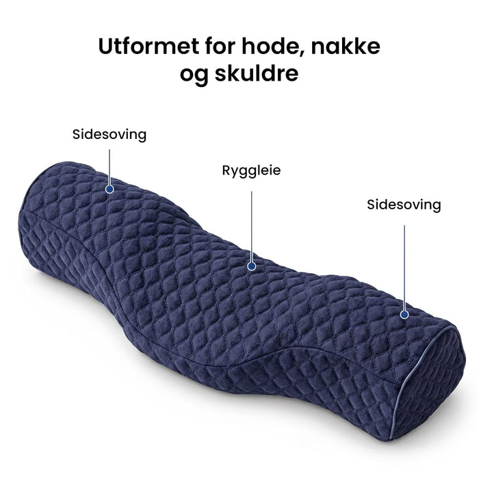 Konturert, mørkeblå ergonomisk nakkepute i minneskum med markeringer for side- og ryggstilling.