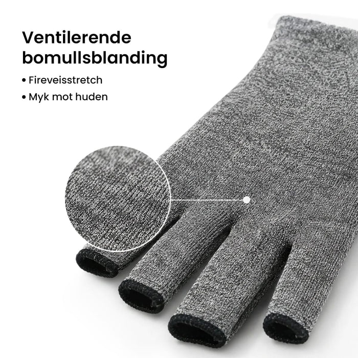 Grå kompresjonshansker for leddgikt, med nærbilde av stoffets tekstur og tekst om smertelindring.