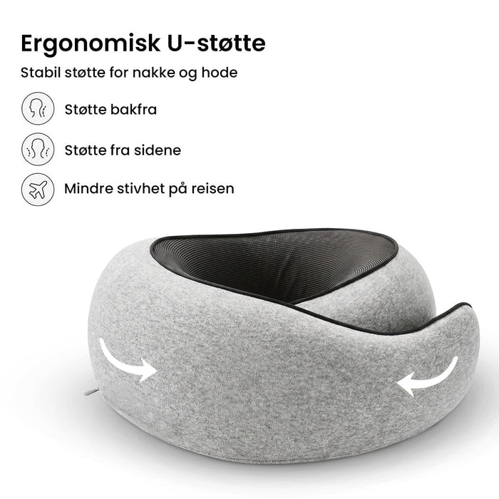 Grå, U-formet Kroppsbutikken Premium-reisepute med piler som viser plassering rundt nakken, ved siden av produktfunksjonene.