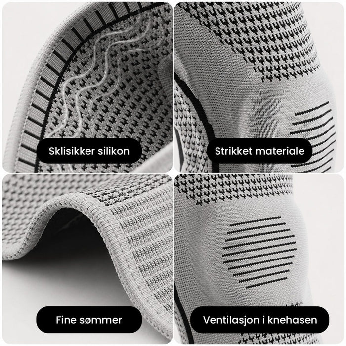 Bilde av et utsnitt av en grå knebeskytter med elastisk støtte, som viser silikongrep, strikket stoff, sømmer og ventilasjon.