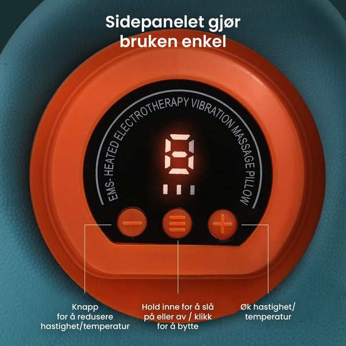 Rundt digitalt kontrollpanel til Kroppsbutikkens elektriske nakkemassasjeapparat, med knapper for strøm, varme og intensitet.