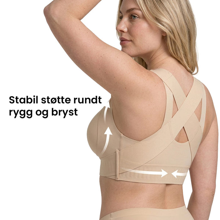 Beige Trueform-BH med åpning foran, kryssende ryggstropper og piler som markerer støttepunkter.