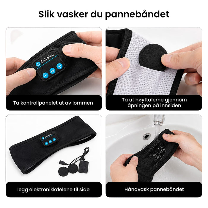 Trinnvis veiledning for fjerning av elektronikk før håndvask av pannebånd med Bluetooth-hodetelefoner.