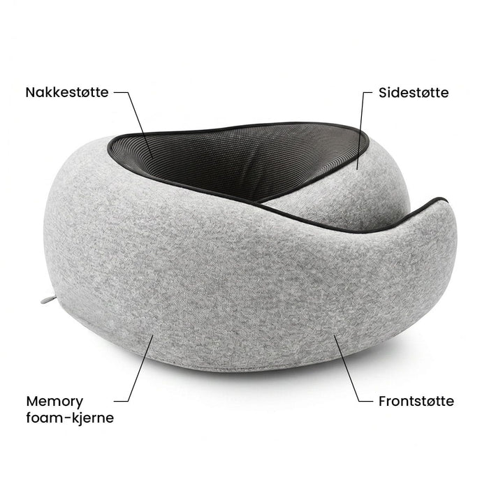 Grå U-formet reisepute i premium-utførelse med minneskum og støtte for nakke, side og front.