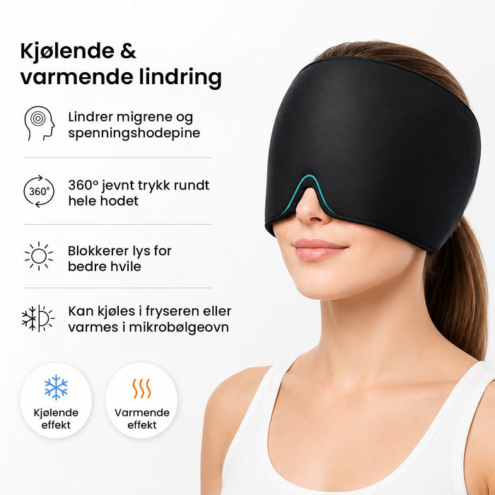 Person med svart migrenehatt for lindring av hodepine, med tekst om produktfordeler og bruksanvisning.