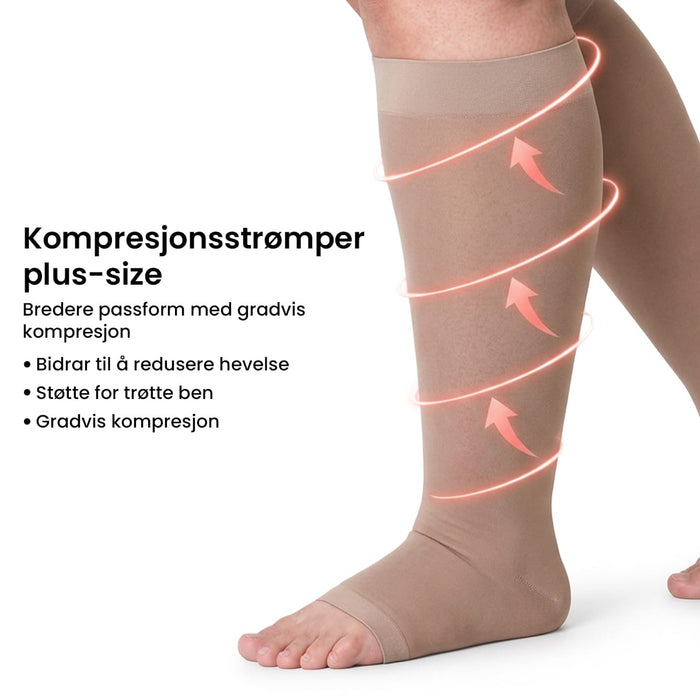 Beige kompresjonsstrømper i store størrelser som går opp til leggen, med lysende piler som viser den graderte kompresjonen.