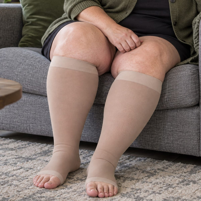 En person sitter på sofaen med beige, åpne kompresjonsstrømper for leggene i plussstørrelse fra Kroppsbutiken.