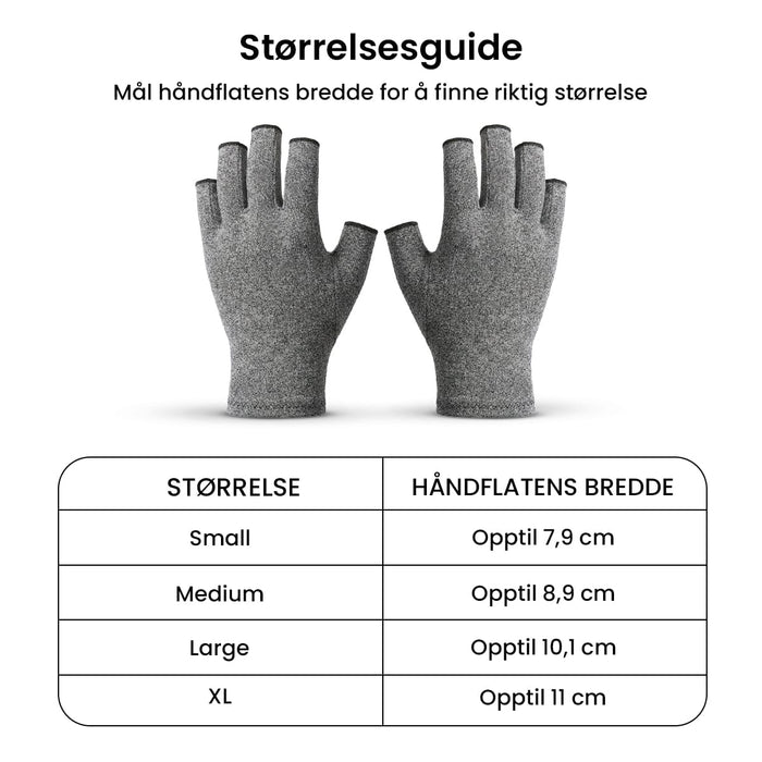 Kroppsbutikkens kompresjonshansker for leddgikt er presentert i en størrelsesguide for små til ekstra store hender.