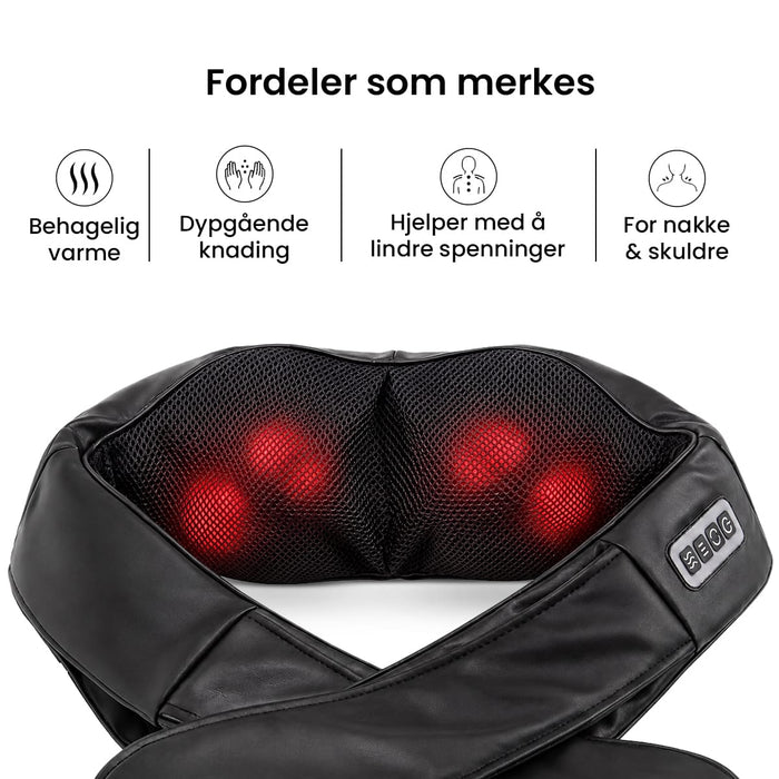 Shiatsu-massasjeapparat for nakke og rygg med fire røde massasjenoder og innebygd kontrollpanel.