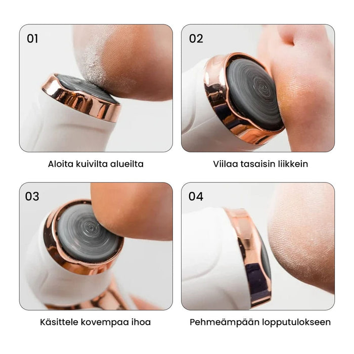 En serie med bilder som viser bruken av Kroppsbutikkens elektriske fotfil med vakuum til fjerning av hard hud.