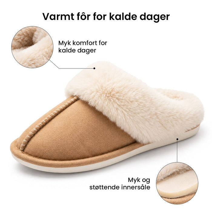 Brune, varmforede innetøfler med fôret innside og dempet innersåle. Nærbilde av fôret og sålen.