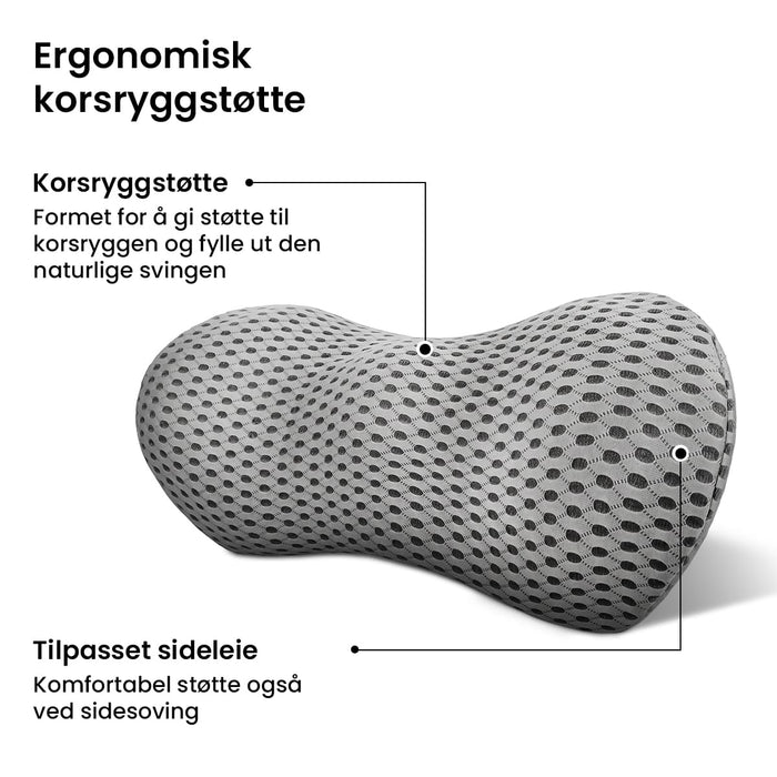 Grå ryggpute i minneskum med et luftig mesh-trekk og ergonomisk støtte for de som sover på ryggen eller siden.